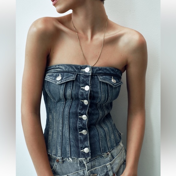 ZARA DENIM TRF CORSET TOP - Picture 1 of 11